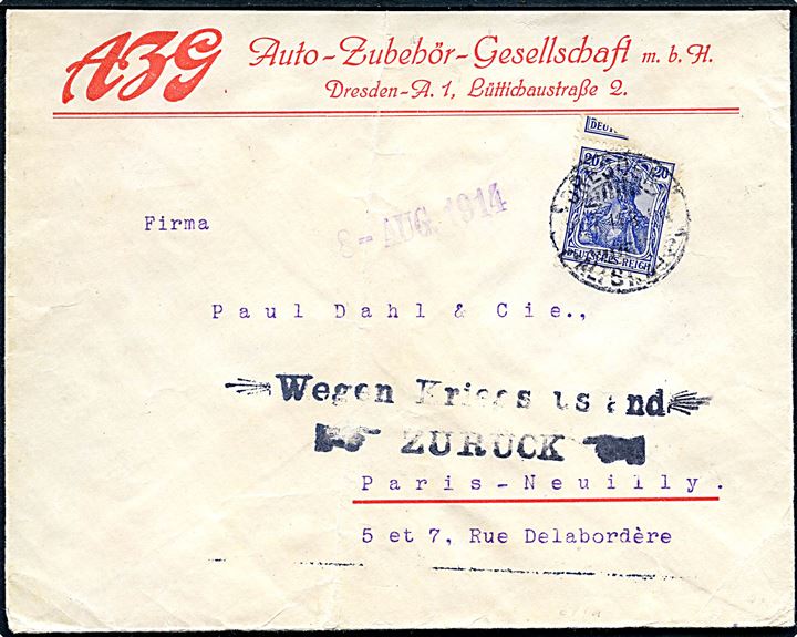 20 pfg. Germania på brev fra Dresden d. 31.7.1914 til Paris, Frankrig. Returneret med stempel: Wegen Kriegssustand Zurück og datostempel d. 8.8.1914. Fold.