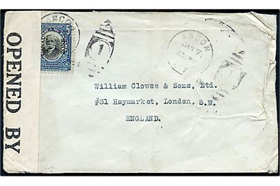 5 c. Panama Canal Zone provisorium single på brev fra Ancon d. 7.1.1918 til London, England. Åbnet af britisk censur no. 1703.
