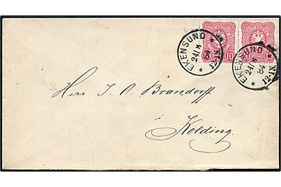 10 pfg. Adler i parstykke på brev annulleret med enringsstempel Ekensund ** d. 24.8.1884 til Kolding, Danmark.