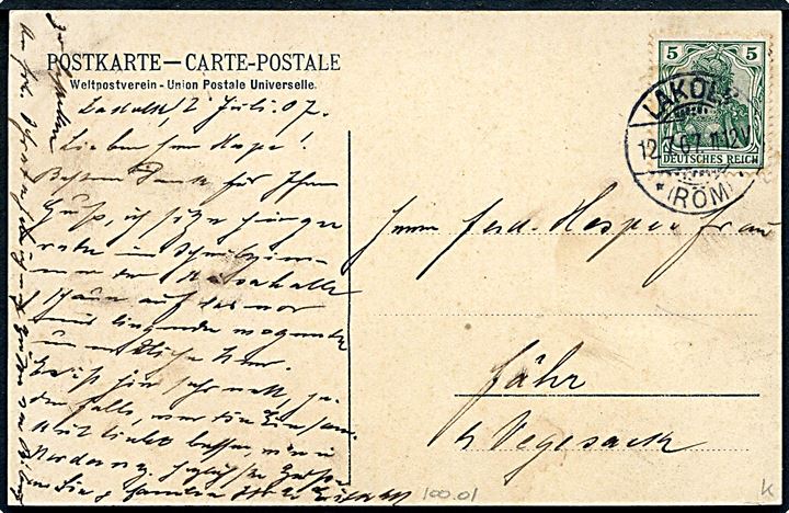 5 pfg. Germania på brevkort (Nordseebad Lakolk a. Röm) annulleret Lakolk *(Röm)* d. 12.7.1907 til Vegesack.