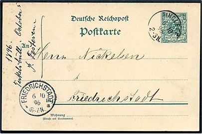 5 pfg. helsagsbrevkort annulleret med enringsstempel Tingleff d. 6.10.1896 til Friedrichstadt.