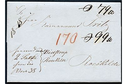 1850. Pakkefølgebrev med fuldt indhold dateret d. 26.4.1850 til Bidstrup pr. Roskilde. Flere påtegninger.
