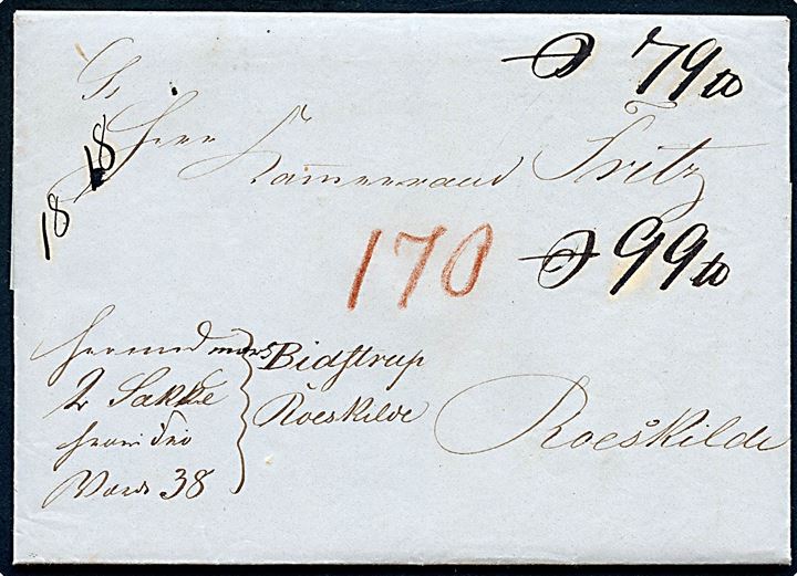 1850. Pakkefølgebrev med fuldt indhold dateret d. 26.4.1850 til Bidstrup pr. Roskilde. Flere påtegninger.