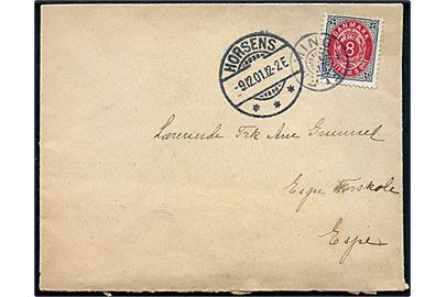 8 øre Tofarvet omv. rm. på brev annulleret med stjernestempel FLEMMING og sidestemplet Horsens d. 9.12.1901 til Espe.