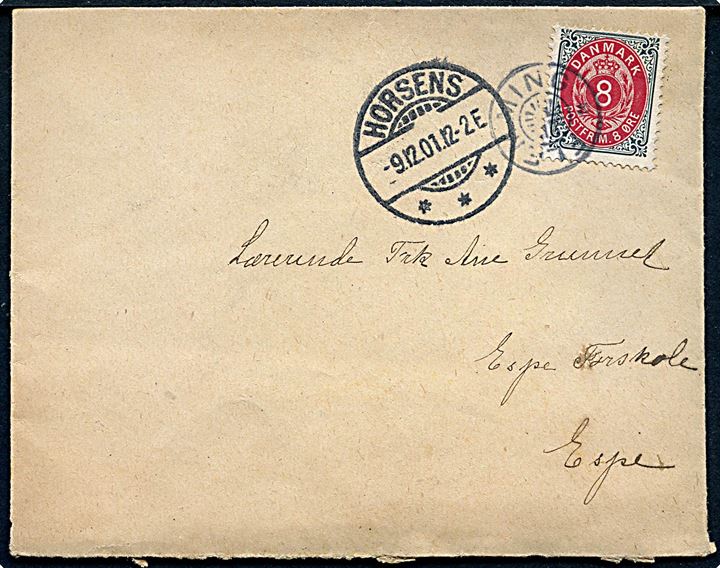 8 øre Tofarvet omv. rm. på brev annulleret med stjernestempel FLEMMING og sidestemplet Horsens d. 9.12.1901 til Espe.