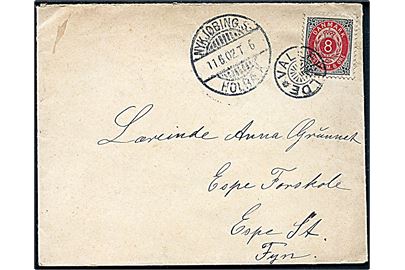 8 øre Tofarvet omv. rm. på brev annulleret med stjernestempel VALLEKILDE og sidestemplet bureau Nykjøbing S. - Holbæk T.6 d. 11.6.1902 til Espe.