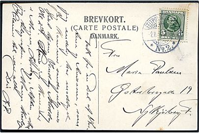 5 øre Fr. VIII på brevkort (Parti fra Stenlille) annulleret med brotype Ia Feltpostkontor * No. 2. * d. 2.10.1908 til Nykøbing F. Sendt under efterårsmanøvren på Sjælland i 1908.