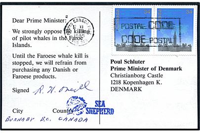 34 c. i parstykke på protest-postkort fra Burnaby, Canada d. 12.11.1985 til statsminister Poul Schlüter, København, Danmark. Protest mod færøsk hvalfangst med gummistempel Sea Shepherd.
