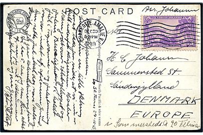 3 cents Virgin Islands på brevkort (M/S Amerika) fra Charlotte Amalie d. 30.12.1939 til Sommersted, Danmark. Sendt fra sømand ombord på M/S Amerikasom anløb St. Thomas i 1939, skibet kom efter Danmarks besættelse under britisk kontrol og blev sænket ved Grønland af den tyske ubåd U306 d. 21.4.1943