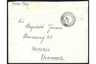 Ufrankeret Forces Mail brev stemplet Field Post Office 352 (= Kiel) d. 25.10.1947 til Nakskov. Sendt fra dansk censor ved 23 T.C.U. (Telegraph eller Traveling Censorship Unit), BAOR 36, Germany med langt indhold dateret i Kiel.