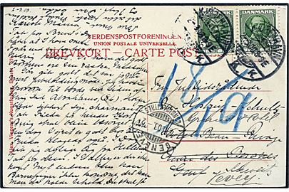 5 øre Fr. VIII i parstykke på brevkort (Frederiksholmskanal ved Tøjhusbroen) fra Kjøbenhavn d. 2.3.1908 til Geneve, Schweiz - eftersendt.
