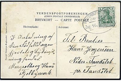 5 pfg. Germania på brevkort dateret Fjelbymark annulleret med bureaustempel Sonderburg - Schauby Bahnpost Zug 16 d. 30.8.1910 til Tandslet.