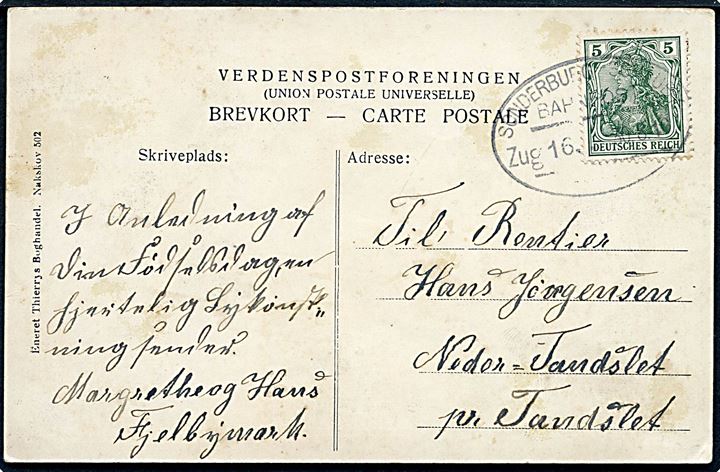 5 pfg. Germania på brevkort dateret Fjelbymark annulleret med bureaustempel Sonderburg - Schauby Bahnpost Zug 16 d. 30.8.1910 til Tandslet.