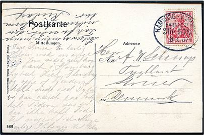 10 pfg. Germania på brevkort (Krigergraven ved Bøffelkobbel) annulleret med bureaustempel Hamburg - Vamdrup Bahnpost Zug 506 d. 8.6.1907 til Struer, Danmark.