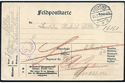 Ufrankeret feltppstkort fra Uldal stemplet Woyens **a d. 15.2.1917 til sønderjysk soldat 49. Inf. Regiment i Gnesen - eftersendt til Lazaet. Violet censur: Ü K Hadersleben