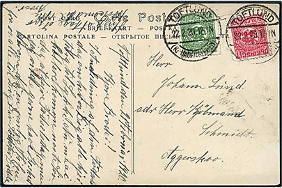 5 pfg. og 10 pfg. Fælles udg. på brevkort annulleret Toftlund (Kr. Hadersleben) d. 22.2.1920 til Agerskov.