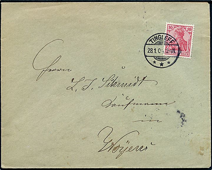 10 pfg. Germania på brev annulleret med smukt stempel Tingleff d. 28.1.1904 til Woyens.