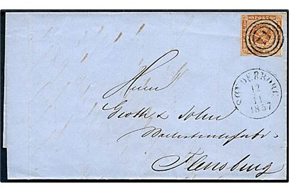 4 sk. 1854 udg. på brev annulleret med nr.stempel 71 og sidestemplet antiqua Sønderborg d. 12.11.1857 til Flensburg.