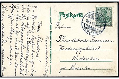5 pfg. Germania på brevkort (Ostseebad Viktoria ved Haderslev) stemplet Simmerstedt *(Schleswig)* d. 16.9.1913 til Haderslev.