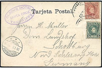 5 c. og 10 c. på brevkort fra Santa Cruz Tenerife 1903 til Skodborg, Nordslesvig. Ank.stemplet Schottburg d. 30.1.1903.