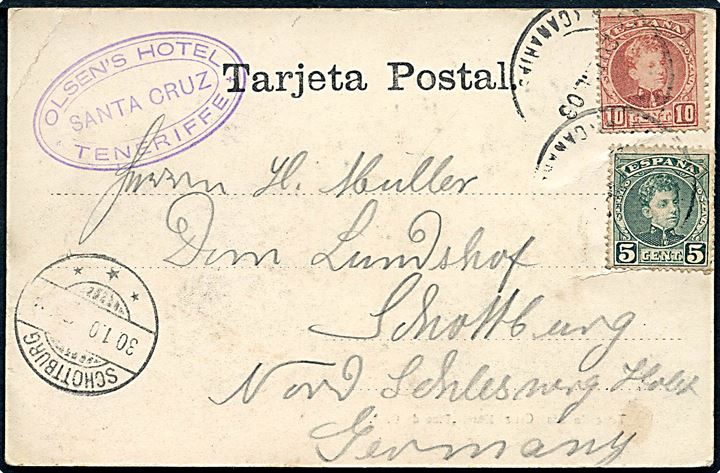 5 c. og 10 c. på brevkort fra Santa Cruz Tenerife 1903 til Skodborg, Nordslesvig. Ank.stemplet Schottburg d. 30.1.1903.