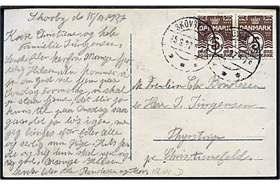 5 øre Bølgelinie i parstykke på brevkort annulleret med brotype IIb Skovby Als d. 15.9.1927 til Christiansfeld.