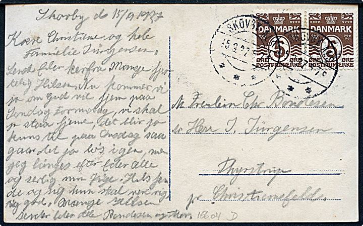 5 øre Bølgelinie i parstykke på brevkort annulleret med brotype IIb Skovby Als d. 15.9.1927 til Christiansfeld.