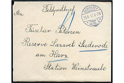 Ufrankeret feltpostbrev fra Lillekobbel Kekenis stemplet Schauby *(Alsen)* d. 26.6.1915 til sønderjysk soldat på Reservelazaret i Suderode am Harz pr. Weinstraube. Fuldt indhold.