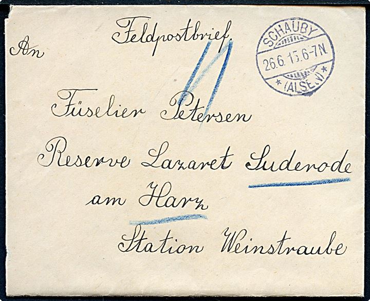 Ufrankeret feltpostbrev fra Lillekobbel Kekenis stemplet Schauby *(Alsen)* d. 26.6.1915 til sønderjysk soldat på Reservelazaret i Suderode am Harz pr. Weinstraube. Fuldt indhold.