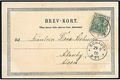 5 pfg. Germania på brevkort annulleret med enringsstempel Rinkenis ** d. 28.9.1900 til Schauby, Alsen. Ank.stemplet Schauby ** d. 29.9.1900.