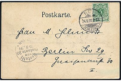 5 pfg. Ciffer på brevkort (Gruss aus Nordseebad Lakolk, Röm) annulleret Röm *(Schleswig)* d. 24.8.1899 til Berlin.