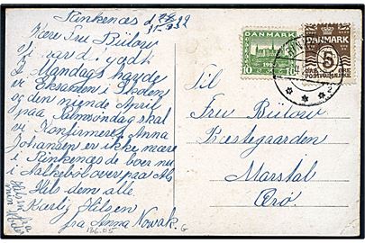 5 øre Bølgelinie og 10 øre Genforening på brevkort (Ringenæs Overkro) annulleret med brotype IIb Rinkenæs sn2 d. 31.3.1922 til Marstal, Ærø.