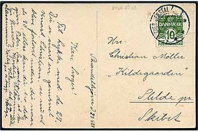 10 øre Bølgelinie på brevkort annulleret med brotype IIb Over Jerstal d. 23.5.1928 til Skibet.
