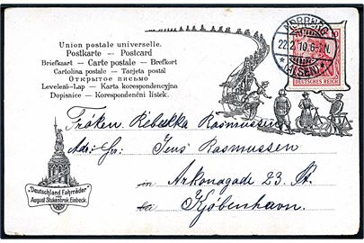 10 pfg. Germania på brevkort stemplet Norburg *(Alsen)* d. 22.2.1910 til Kjøbenhavn, Danmark.