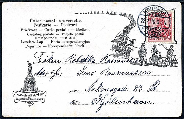 10 pfg. Germania på brevkort stemplet Norburg *(Alsen)* d. 22.2.1910 til Kjøbenhavn, Danmark.