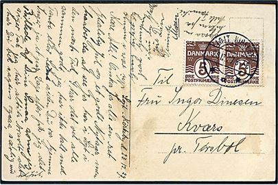 5 øre Bølgelinie i parstykke på brevkort annulleret med brotype IIb Løjt Kirkeby d. 23.12.1927 til Tørsbøl.