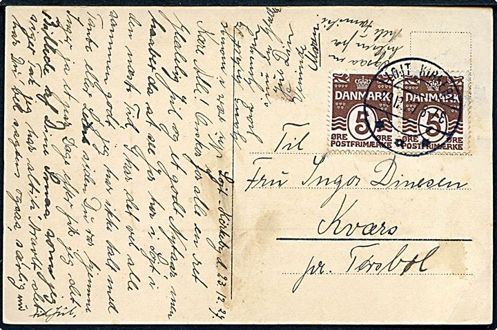 5 øre Bølgelinie i parstykke på brevkort annulleret med brotype IIb Løjt Kirkeby d. 23.12.1927 til Tørsbøl.