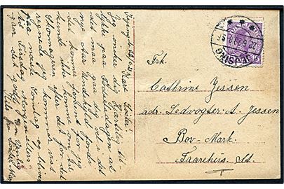 15 øre Chr. X på brevkort annulleret med brotype IIb Jejsing d. 22.6.1923 til Bov Mark pr. Faarhus St.