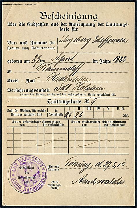 Kvittering dateret d. 27.5.1910 med officielt stempel: Amt Hammeleff * Kreis Apenrade *.