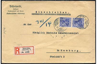 20 pfg. Germania i parstykke på anbefalet brev stemplet Hadersleben *(Schlesw)2a d. 20.12.1914 til det danske generalkonsulat i Hamburg.