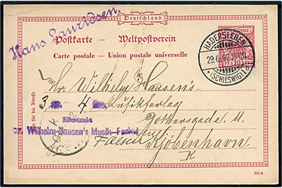 10 pfg. helsagsbrevkort stemplet Hadersleben *(Schleswig)1b d. 29.6.1892 til Kjøbenhavn, Danmark.