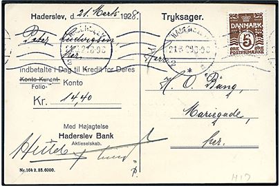 5 øre Bølgelinie med perfin H.B. på lokal tryksag fra Haderslev Bank stemplet Haderslev d. 21.3.1928.