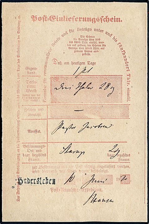 1870. Postkvittering med liniestempel Hadersleben d. 10.6.1870.