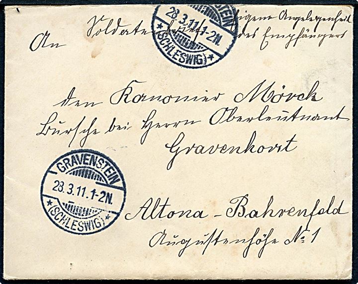Ufrankeret soldaterbrev stemplet Gravenstein *(Schleswig)* d. 28.3.1911 til soldat i Altona-Bährenfeld.