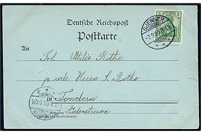 5 pfg. Germanis på brevkort (Gruss aus Soolbad Rhotenfelde) stemplet Gjenner d. 7.9.1903 til Tondern.