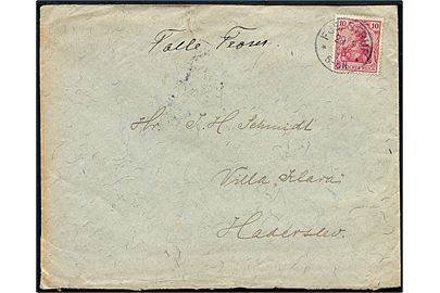 10 pfg. Germania på brev annulleret med enringsstempel Fjelstrup d. 29.9.1905 til Haderslev.