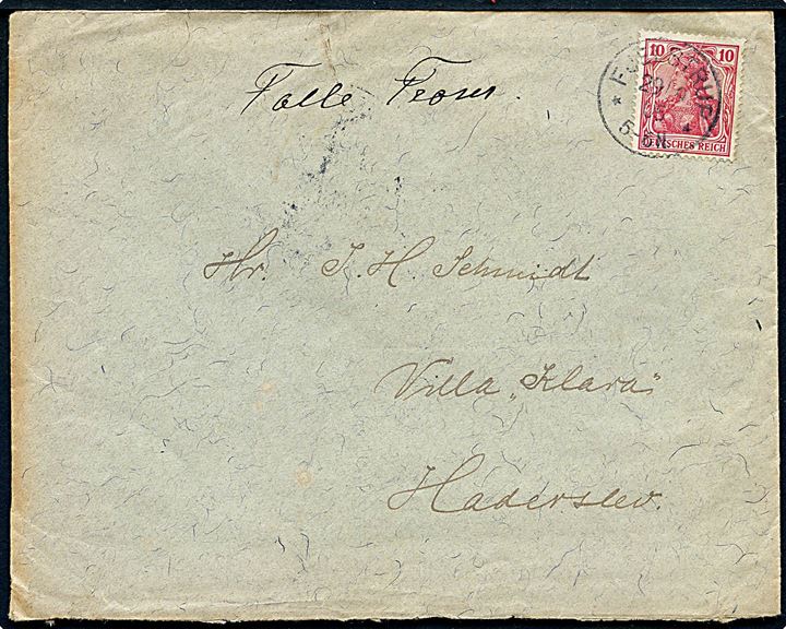 10 pfg. Germania på brev annulleret med enringsstempel Fjelstrup d. 29.9.1905 til Haderslev.