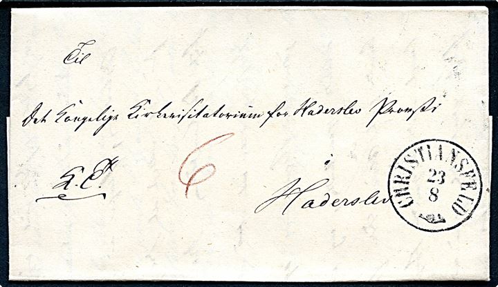 1861. Ufrankeret tjenestebrev dateret Aller Præstegaard med antiqua Christiansfeld d. 23.8.1861 til Haderslev. Påskrevet 6 sk. porto. 