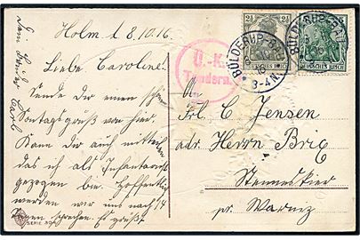 2½ pfg. og 5 pfg. Germania på brevkort annulleret med enringsstempel Bülderup-Bau d. 8.10.1916 til Warnitz. Rødt censurstempel Ü.-K. Tondern.