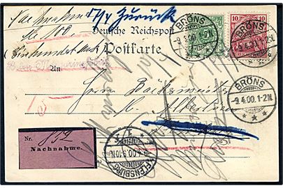 5 pfg. Ciffer og 10 pfg. Germania på brevkort med postopkrævning fra Bröns d. 9.4.1900 til Flensburg. Retur som ej indløst.